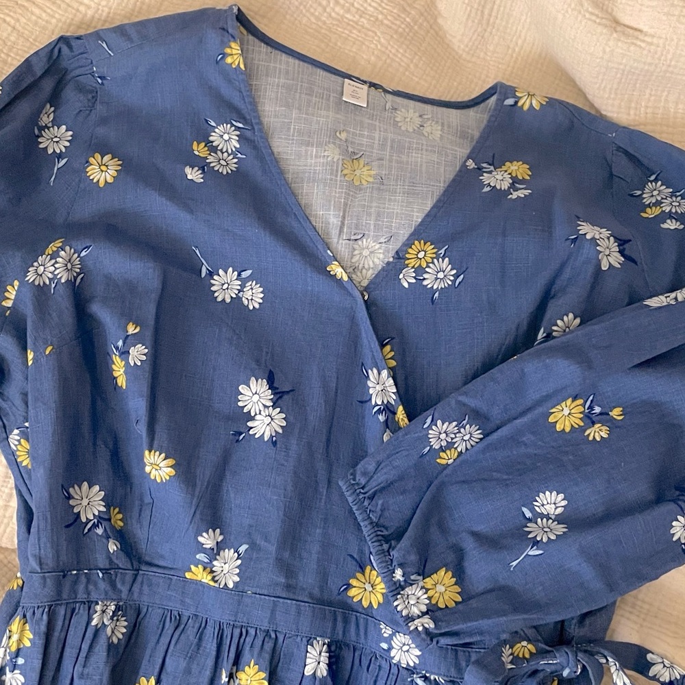 Chambray wrap dress with yellow and white floral print